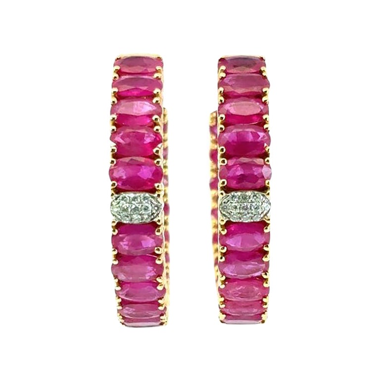 14k Yellow Gold approx. 10ctw Ruby and 0.11ctw Diamond Hoop Earrings
