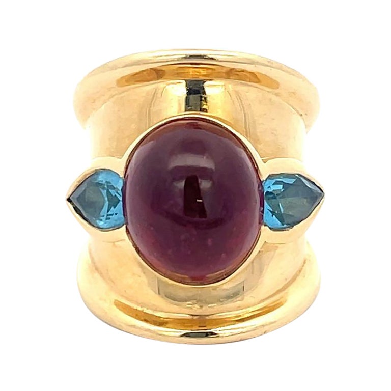 Rubellite and Blue Topaz Ring 18K Yellow Gold