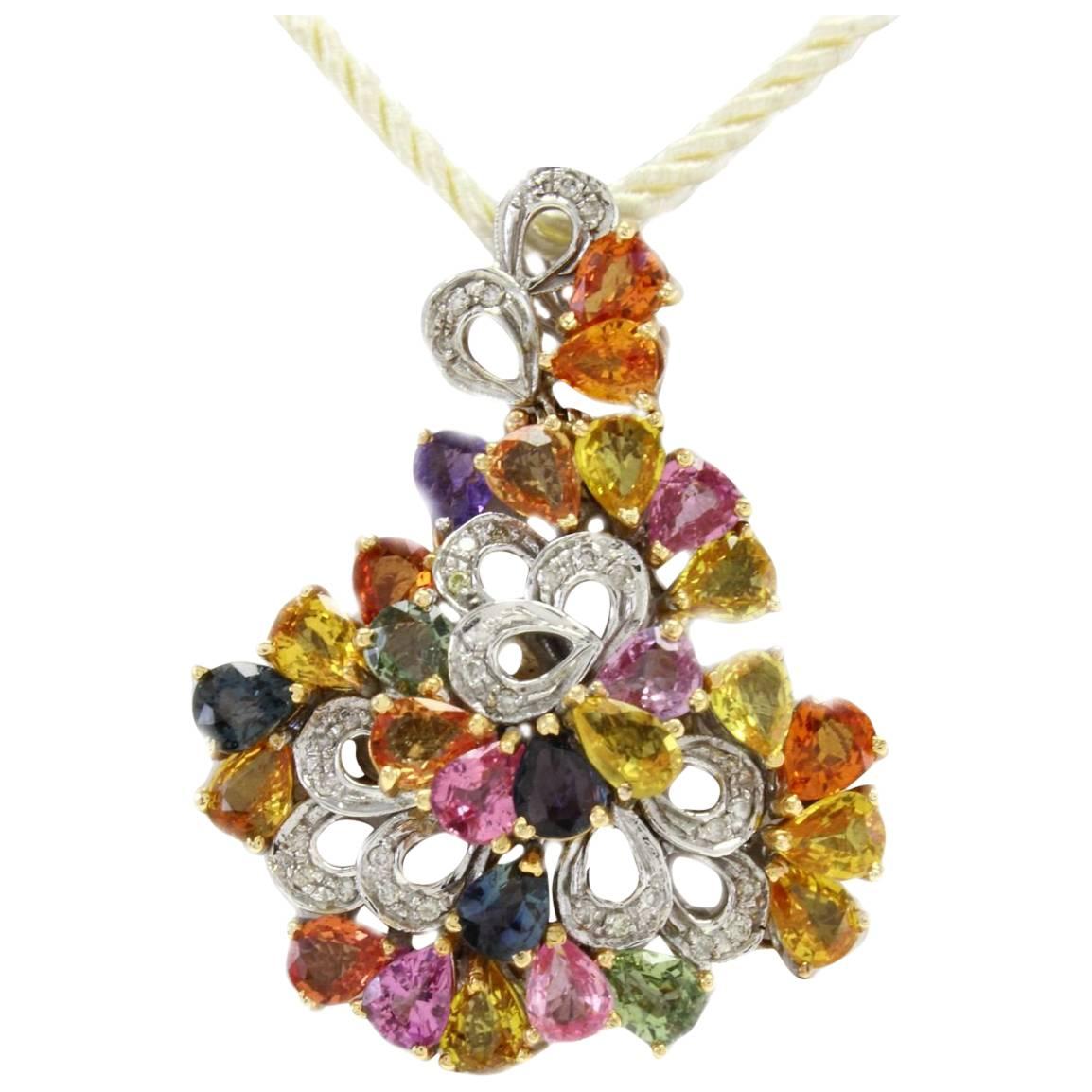  Colorful Gold Pendant  KT 0, 33 Diamonds, and KT 13, 16 Sapphires multicolor