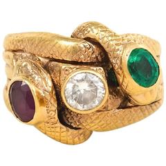 Antique Gold and Multi-Gemstone Double Serpent Ring