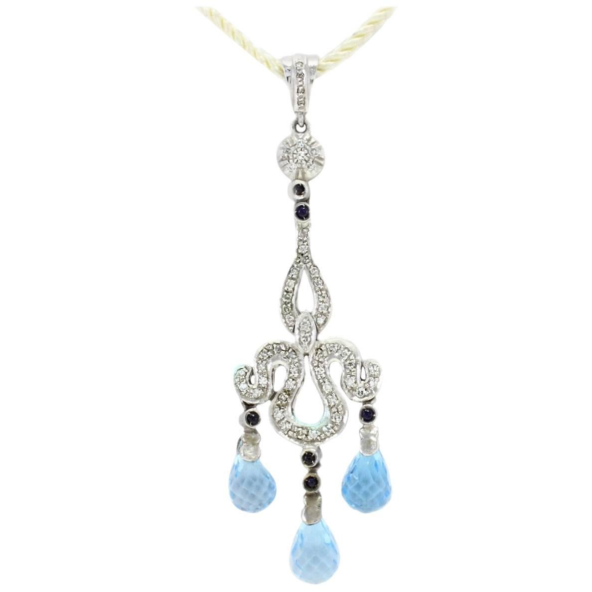  Gold Pendant Diamond Sapphires Aquamarine For Sale