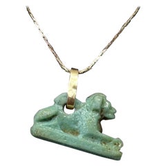 Ancient Egyptian Faience Sekhmet Lion Amulet Pendant Necklace 700-300 B.C. Gold