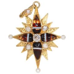 Antique  Victorian Diamond Pearl Banded Agate Gold Star Pendant