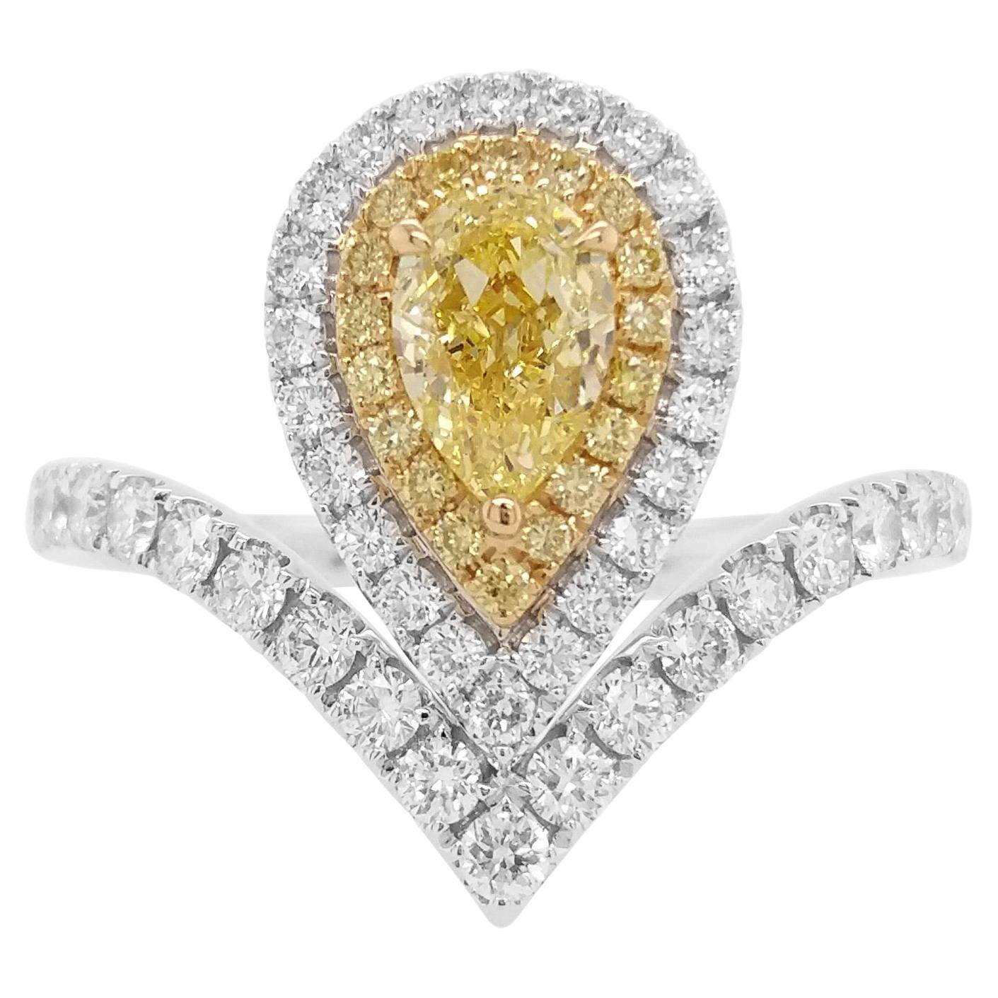 GIA Certified Pear Shape Fancy Yellow Diamond and White Diamond 18K Gold Ring