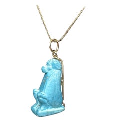 Ancient Egyptian Faience Baboon Monkey Amulet Pendant Necklace 700-300 B.C. 14K