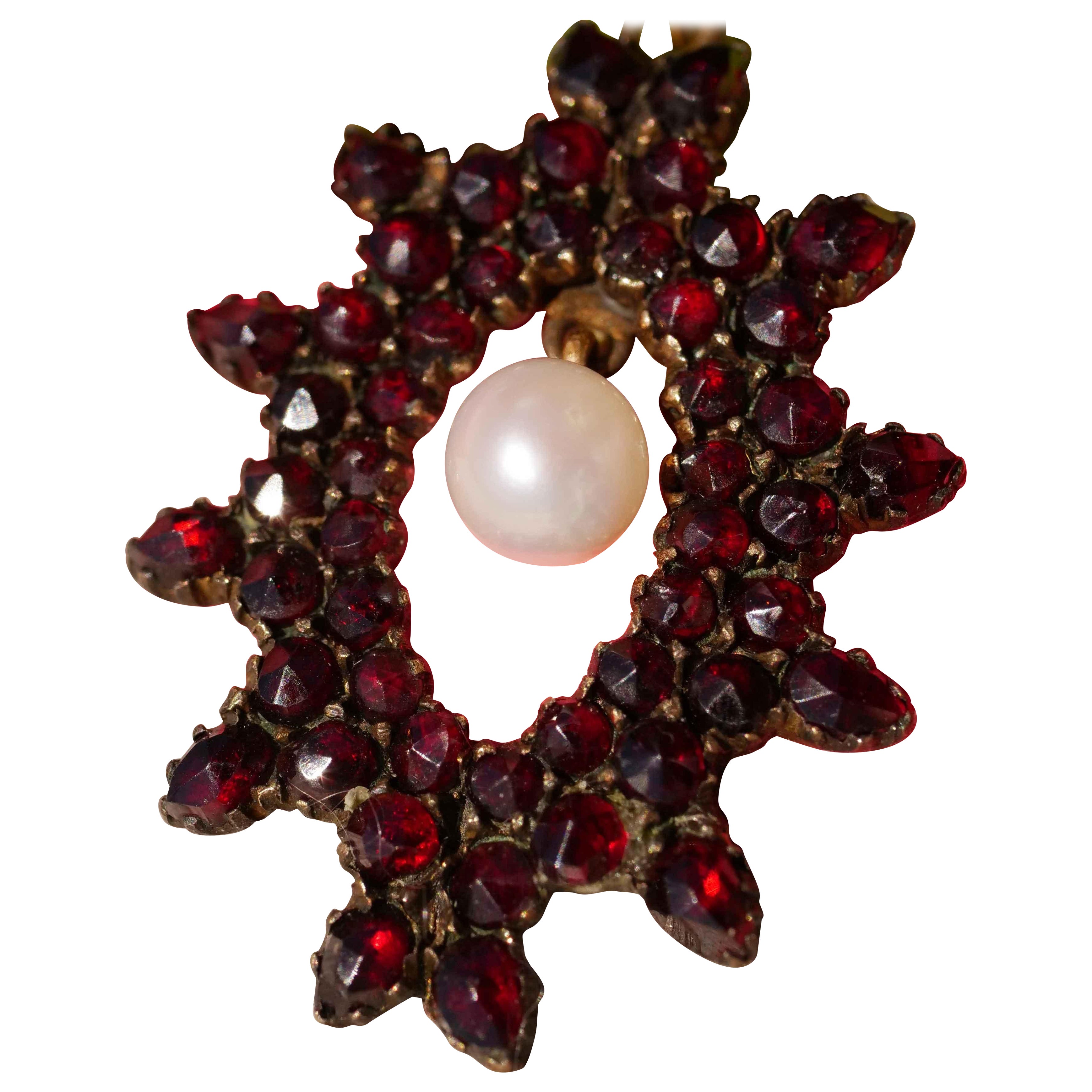 Original Bohemian Garnet Pendant 1860-1890 Tombak Czech Republic Carbuncle Stone For Sale