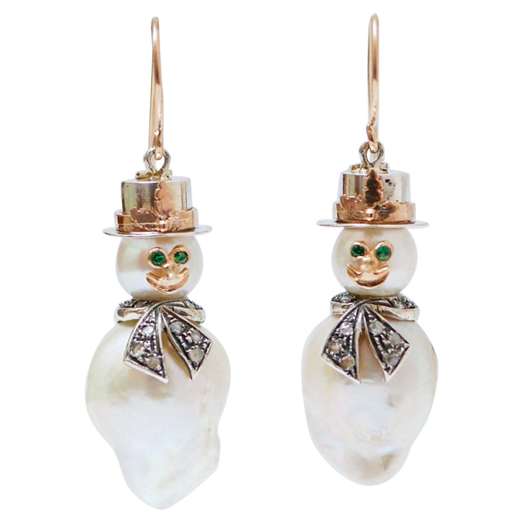 Pearls, Tsavorite, Diamonds, Rose Gold and Silver Snowman Dangle Earrings. For Sale