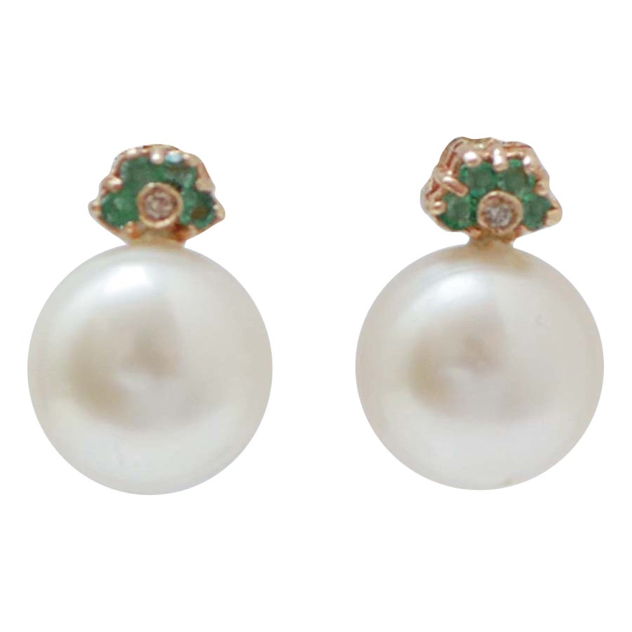 10.5 Mm Pearls, Emeralds, Diamonds, 14 Karat Rose Gold Earrings. For Sale