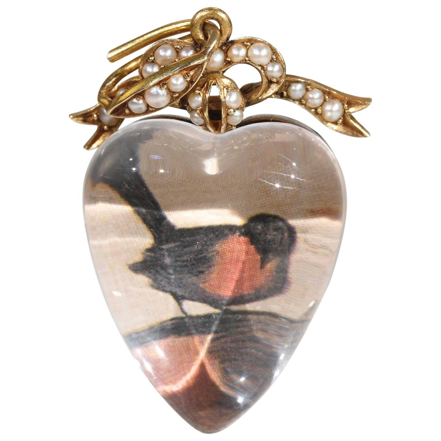 Victorian Large Gold Crystal Heart Locket Pendant Pearl Bow For Sale