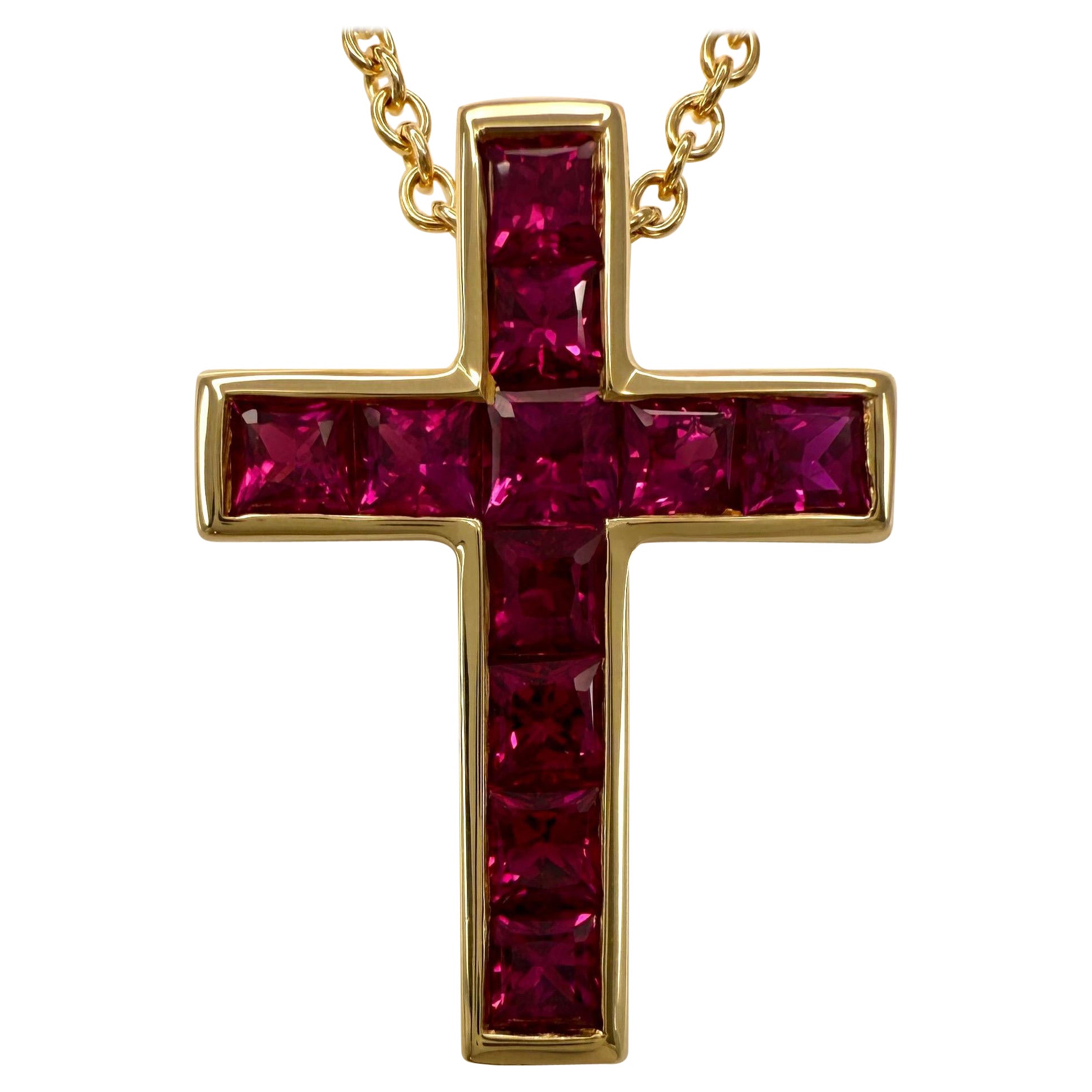 Vintage Tiffany & Co. Vivid Red Ruby 18k Yellow Gold Cross Pendant Necklace