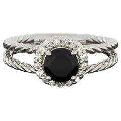 Black Onyx Diamond White Gold Split Shank Halo Ring 6