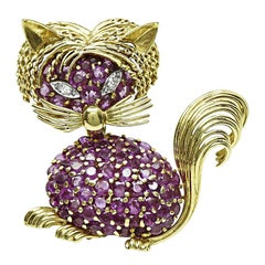 7.00ct Ruby Diamond Gold Cat Pin