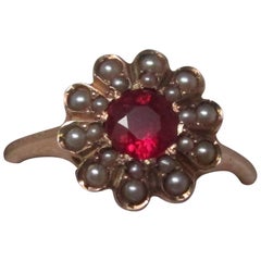 Antique Seed Pearl Ruby Gold Ring