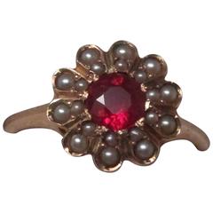 Seed Pearl Ruby Gold Ring 10