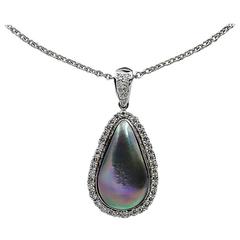 Teardrop Black Mabe Pearl Diamond White Gold Halo Pendant