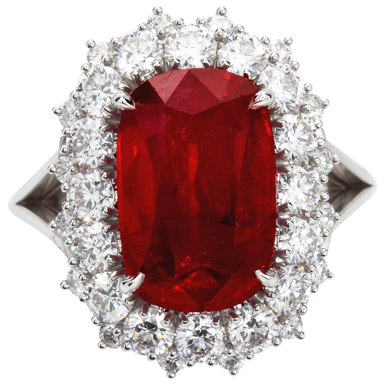 5.95 Carat Cushion Cut Pigeon Blood Ruby Ring GRS Cert