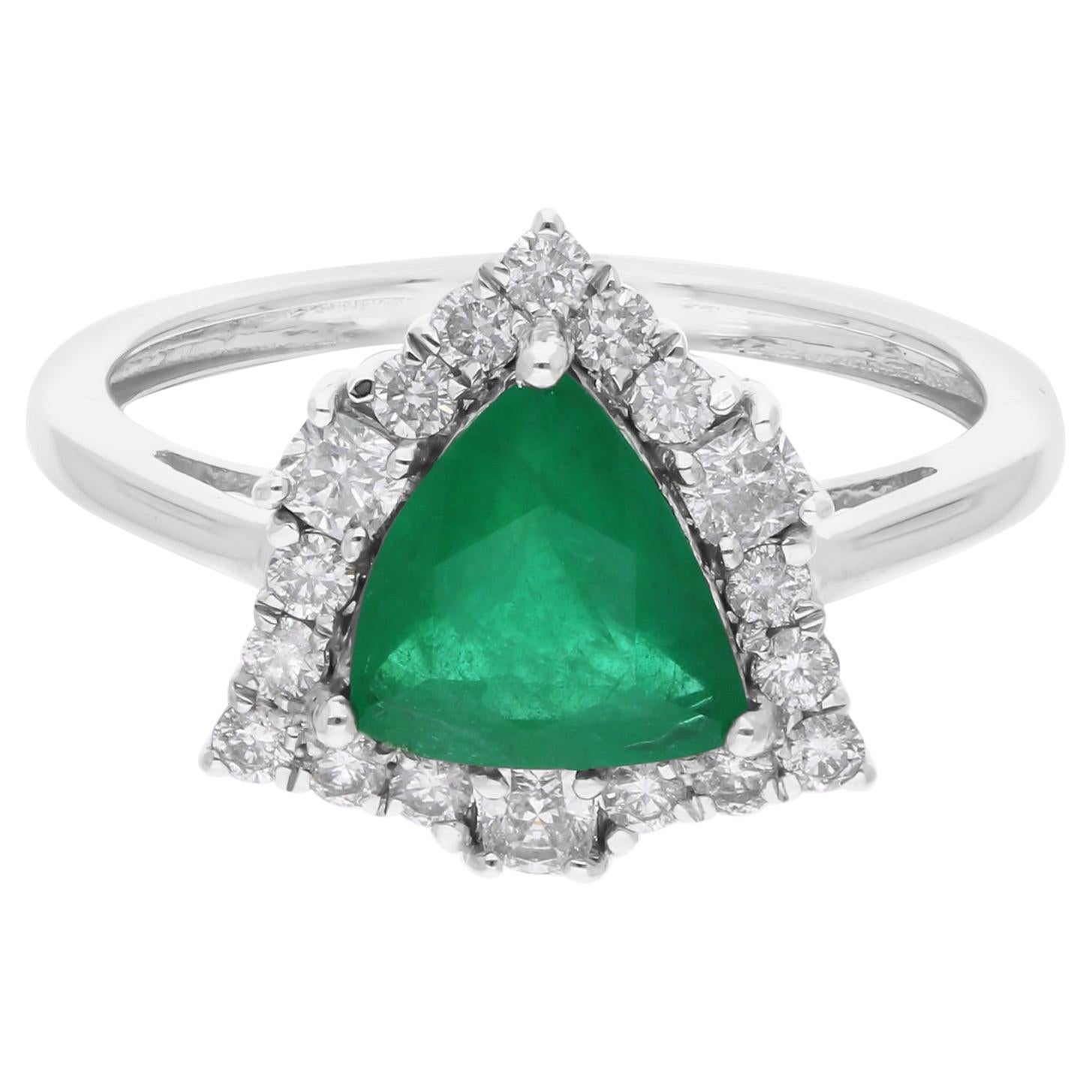1.3 Carat Trillion Zambian Emerald Ring 0.50 Ct SI/H Diamond 14 Karat White Gold For Sale