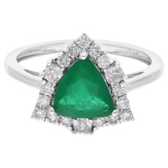 1.3 Carat Trillion Zambian Emerald Ring 0.50 Ct SI/H Diamond 14 Karat White Gold