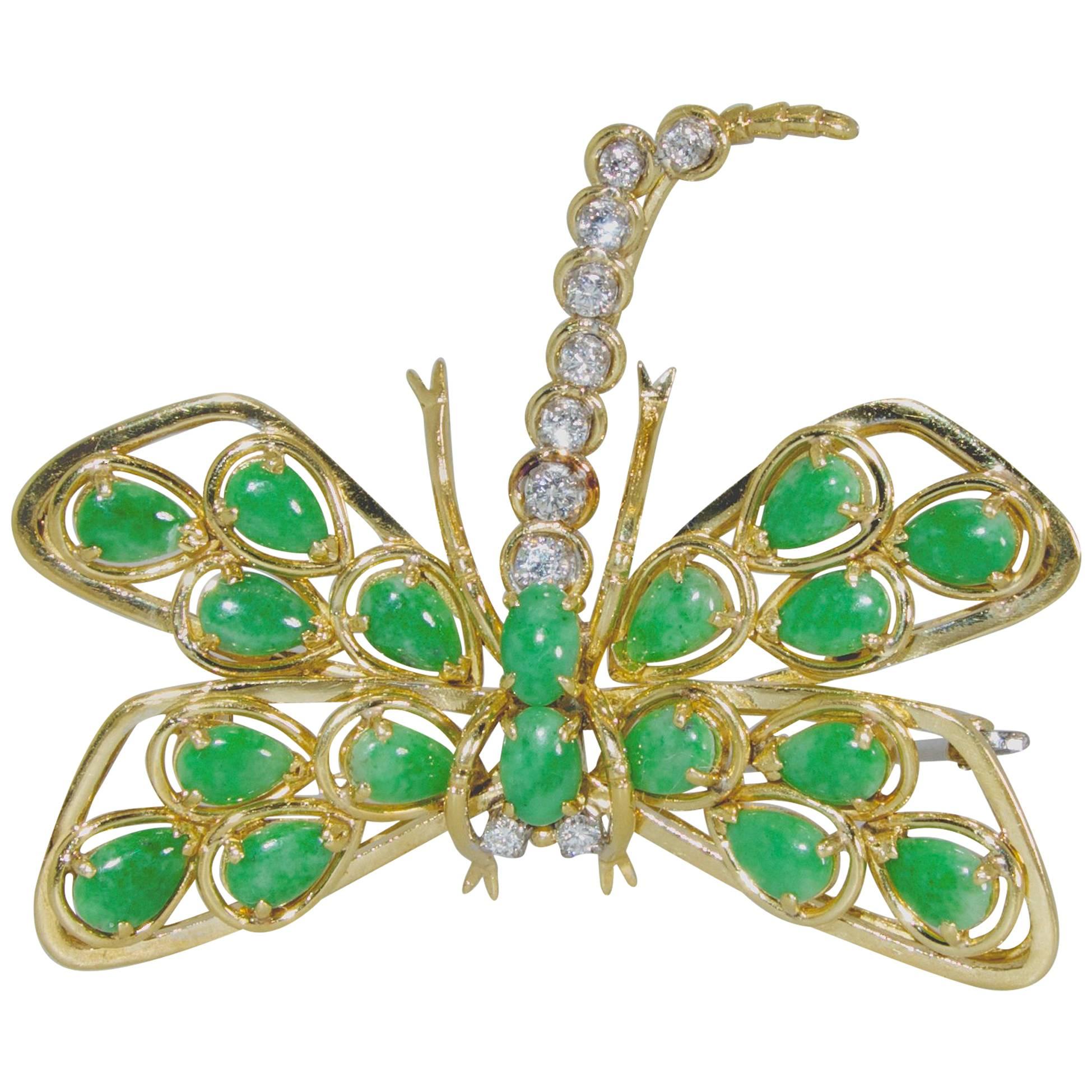 Jade Diamond Gold Dragonfly Brooch