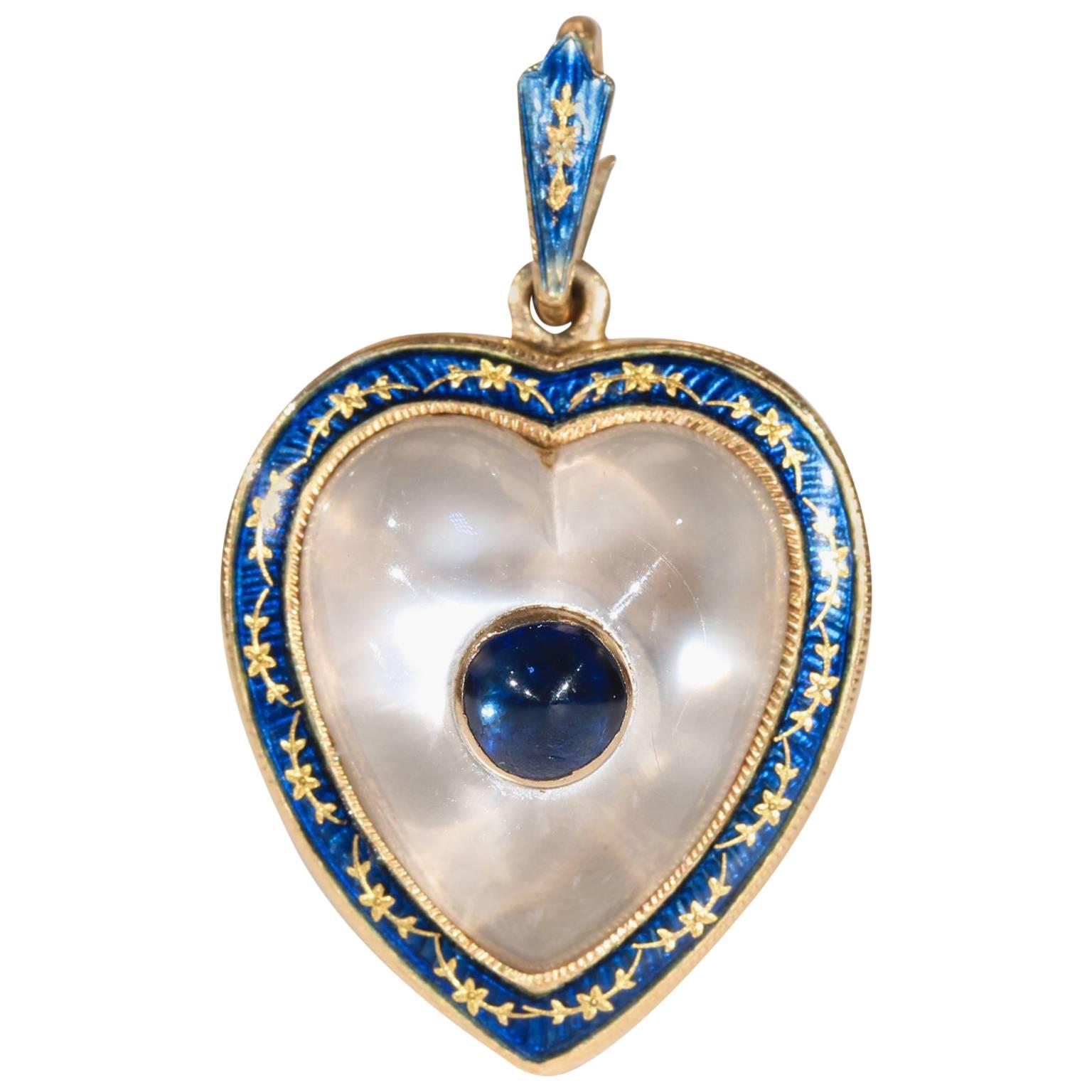 Victorian Moonstone Sapphire Gold Heart Pendant Locket Enamel For Sale