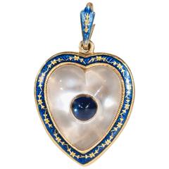 Victorian Moonstone Sapphire Gold Heart Pendant Locket Enamel 12
