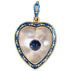 Victorian Moonstone Sapphire Gold Heart Pendant Locket Enamel