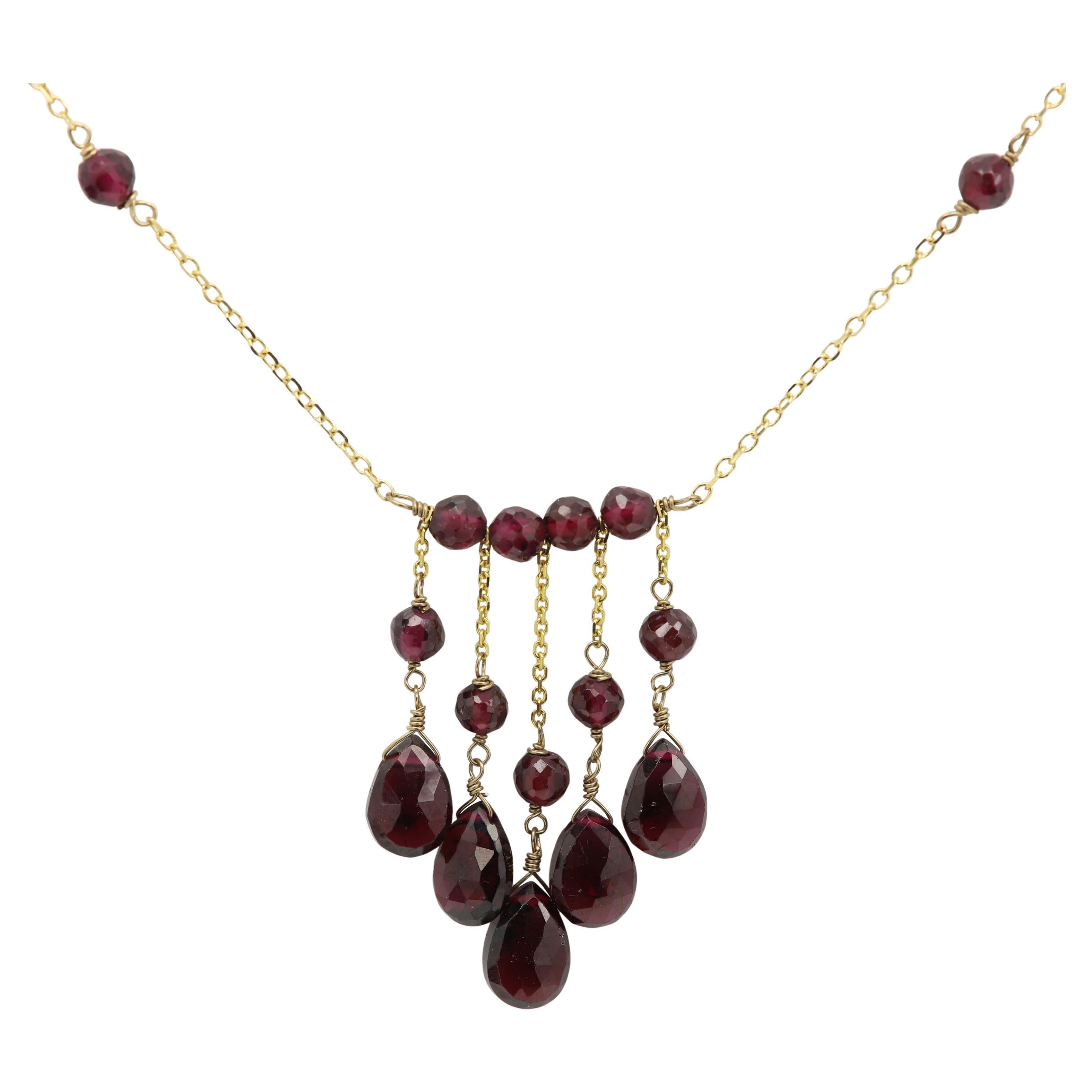Dangle Garnet Necklace Beads 14 Karat Yellow Gold dangling Bead natural gems 008