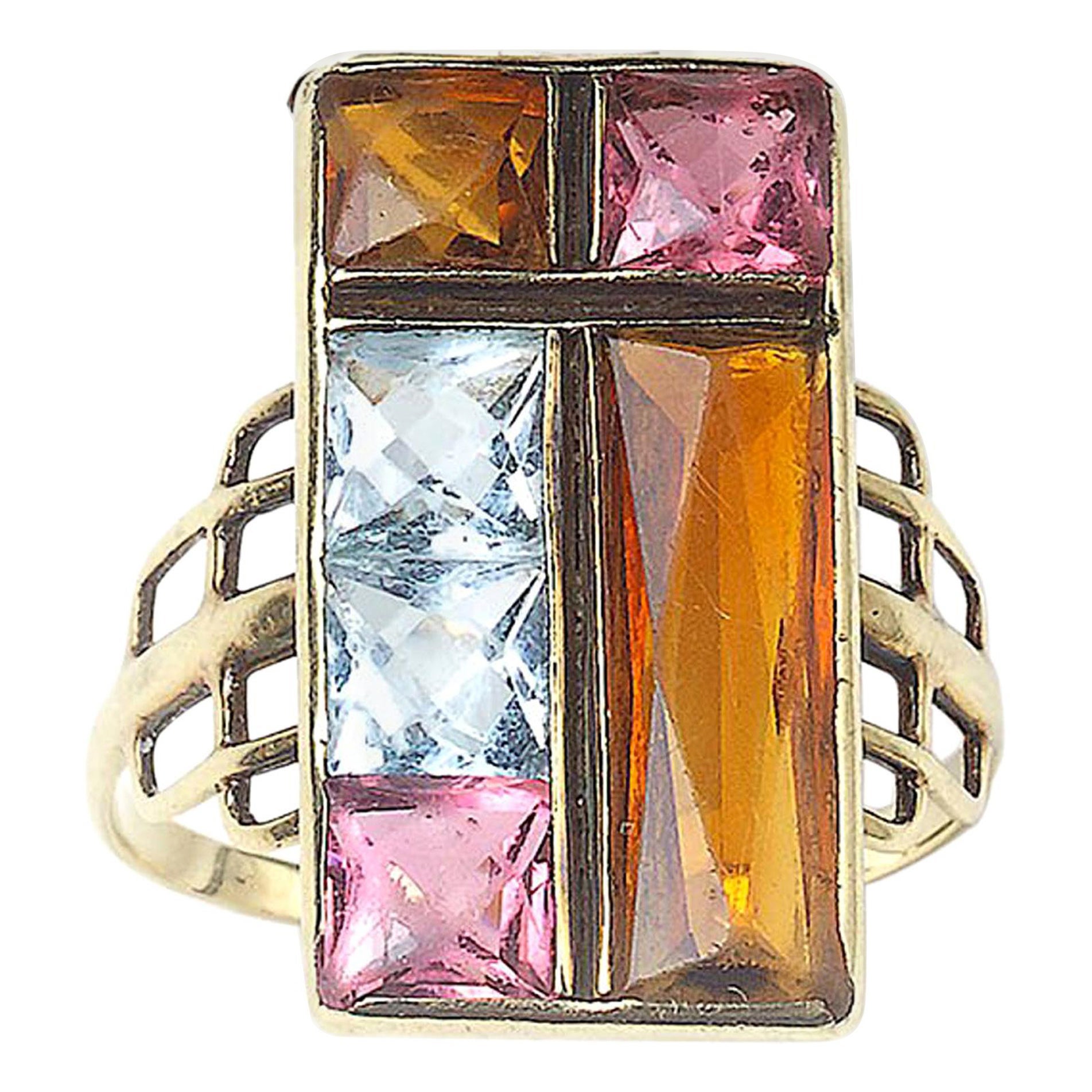 Vintage Citrine, Aquamarine, Pink Tourmaline and Gold Multi Gem Ring, Circa 1975 For Sale