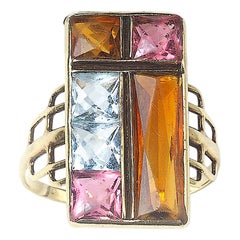 Bague vintage citrine, aigue-marine, tourmaline rose et or, Circa 1975