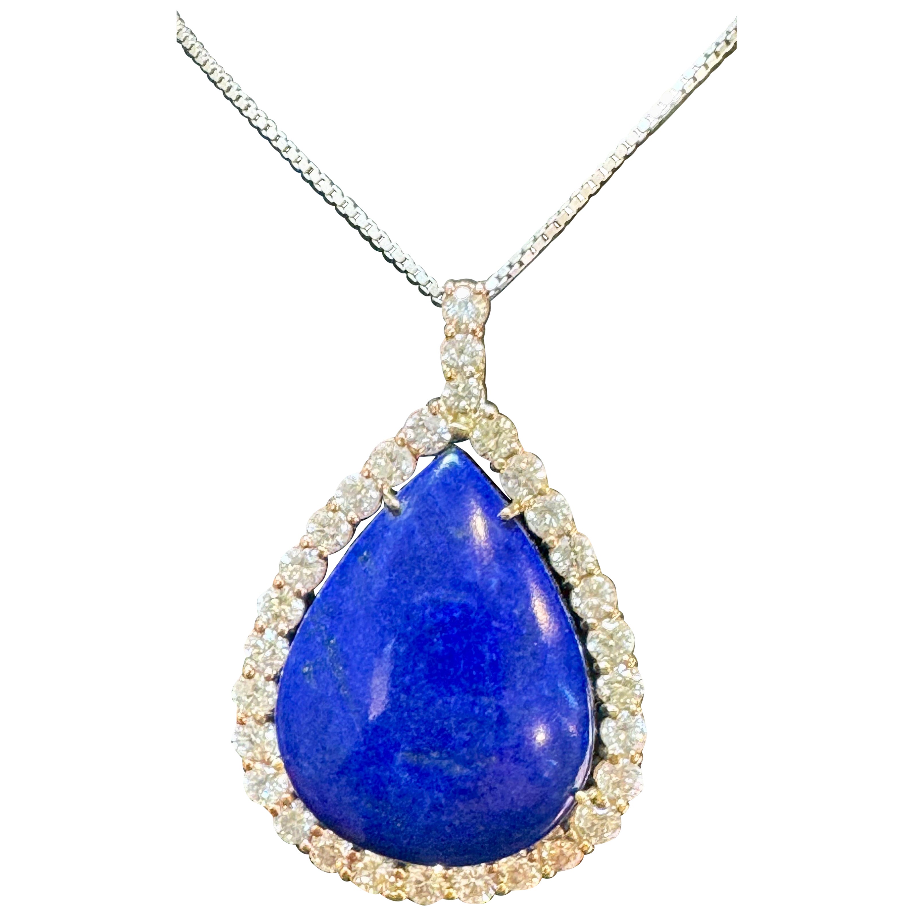 Lapislázuli de 75 quilates  & Collar Colgante de Diamantes 9,5 ct Oro Blanco 14 Kilates + Cadena