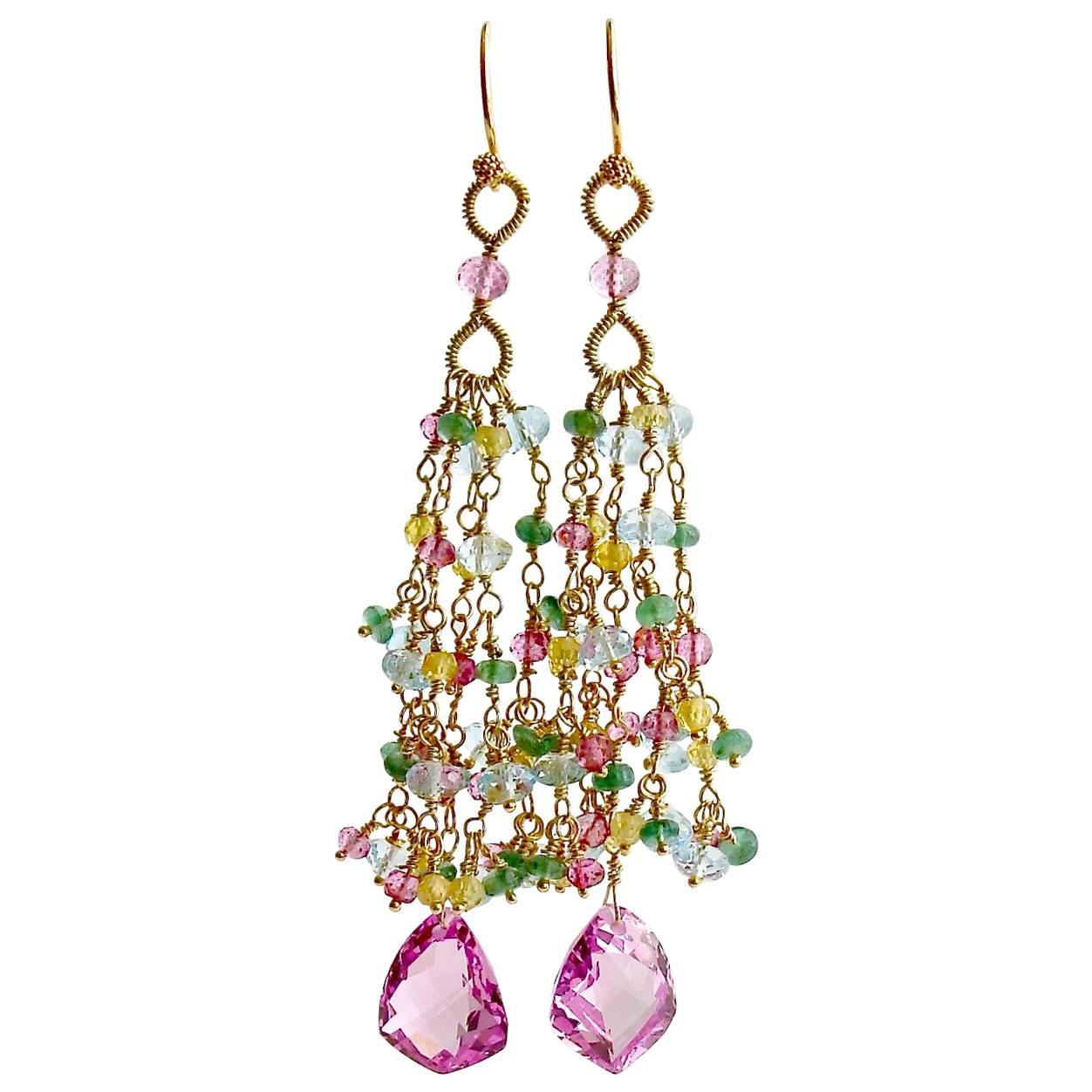 Pink Topaz Emerald Blue Topaz Yellow Zircon Tassel Earrings For Sale