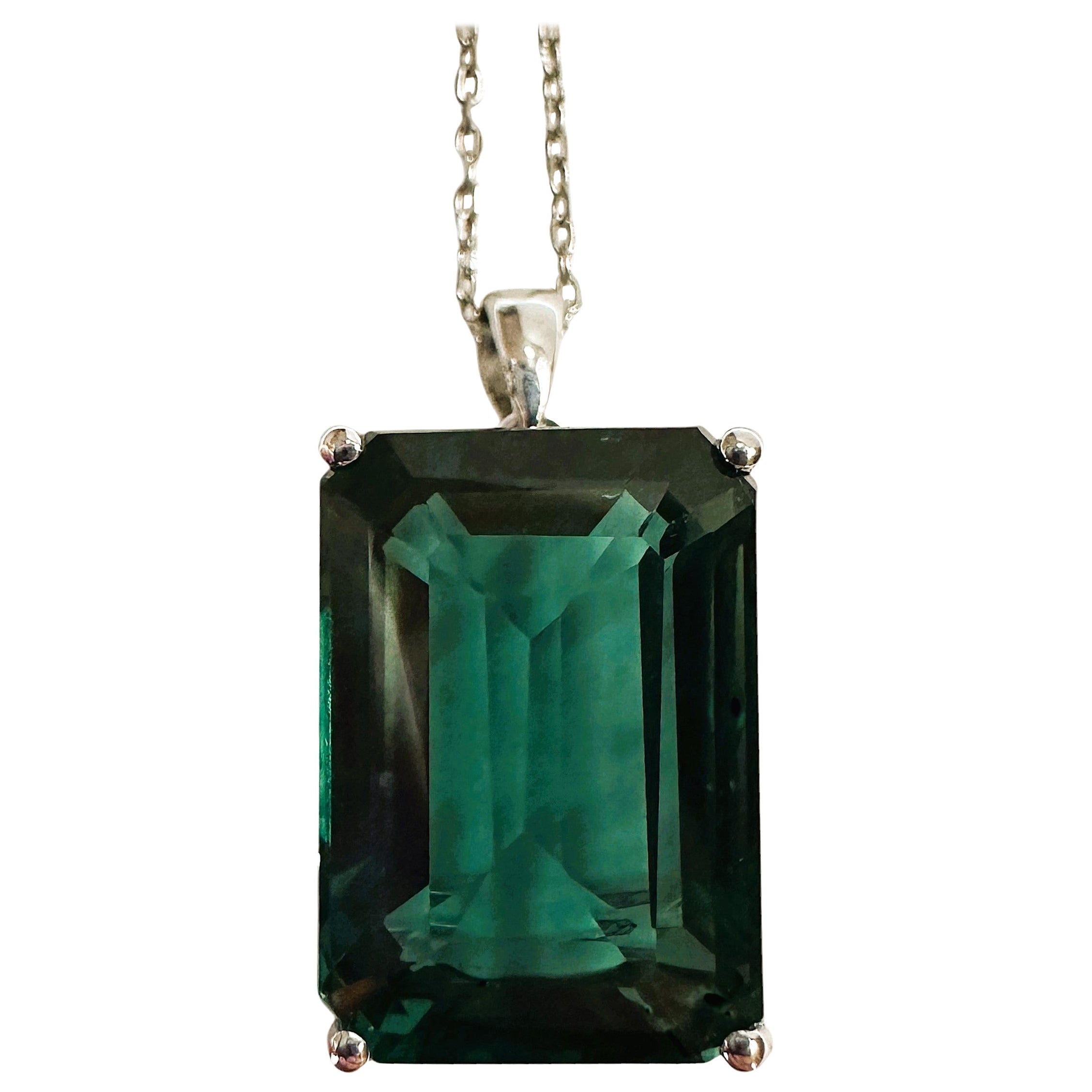 New 17.4 Carat Deep Green Tourmaline Sterling Silver Pendant Necklace 18"