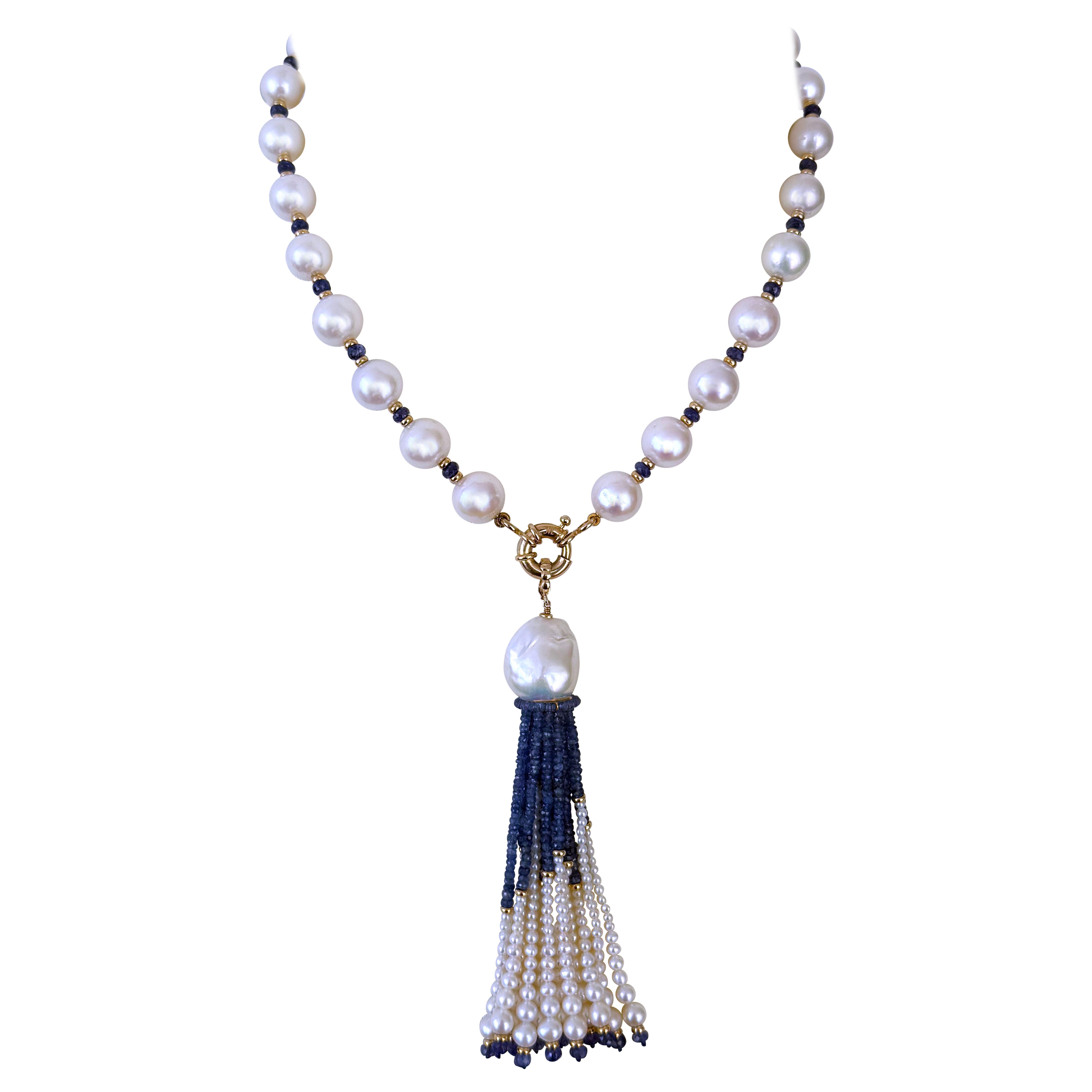 Marina J Graduated Pearl, Blue Sapphire & Solid 14k Yellow Gold Tassel Necklace