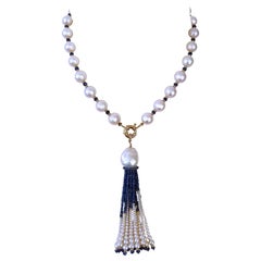 Marina J Graduated Pearl, Blue Sapphire & Solid 14k Yellow Gold Tassel Necklace
