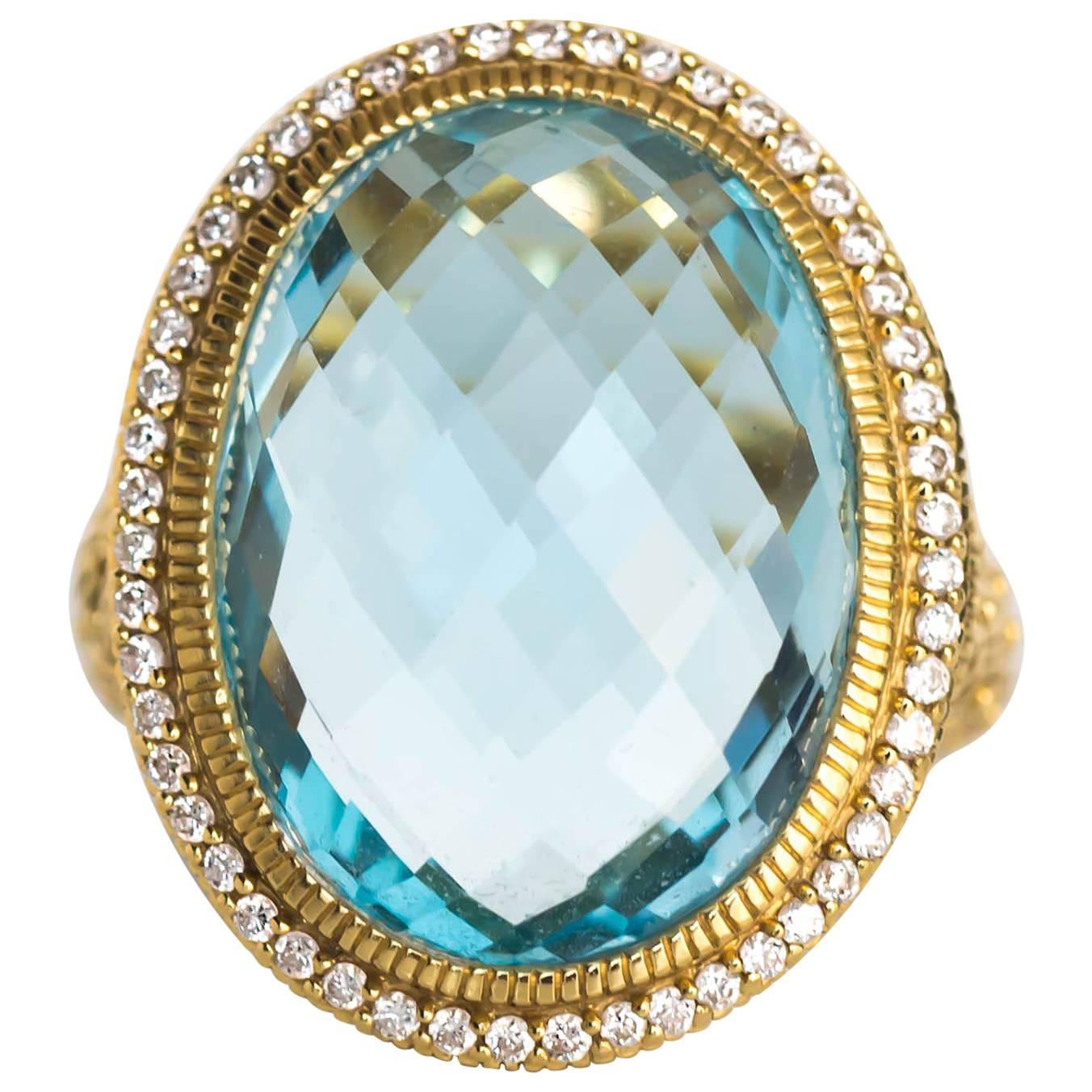2010 Yellow Gold Judith Ripka 10 Carat London Blue Topaz and Diamond Ring