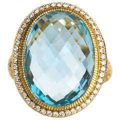 2010 Yellow Gold Judith Ripka 10 Carat London Blue Topaz and Diamond Ring 9