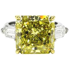 6.05 Carat Fancy Intense Yellow Radiant Diamond Ring Platinum Gold GIA