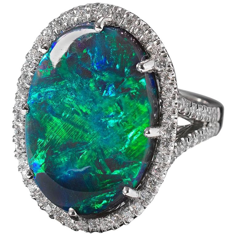 Lightning Ridge Black Opal and Diamond Ring For Sale at