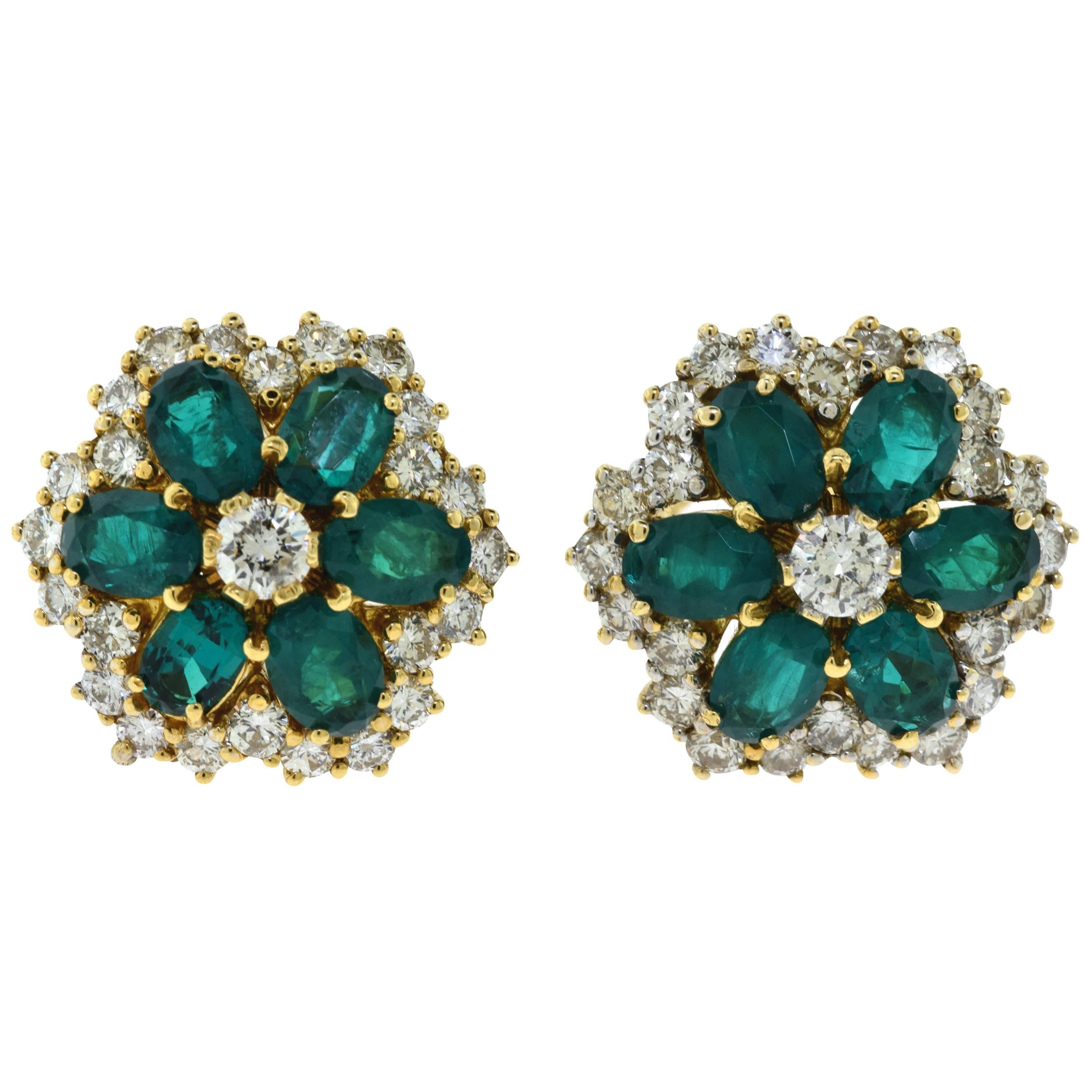 Emerald and Diamond Yellow Gold Flower Earrings, 17 Carat For Sale