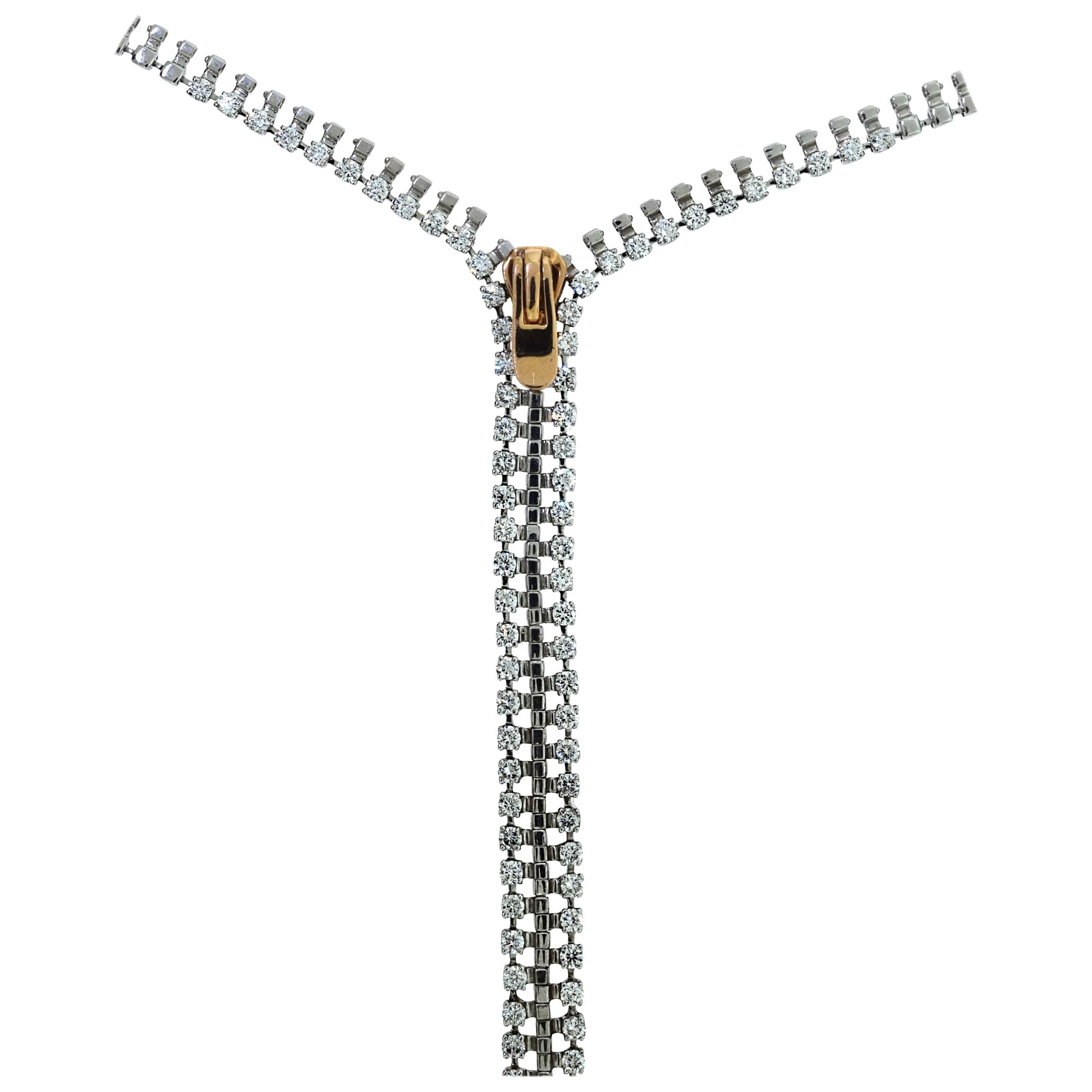 Diamond White Gold Long Zipper Necklace, 4.98 Carat For Sale
