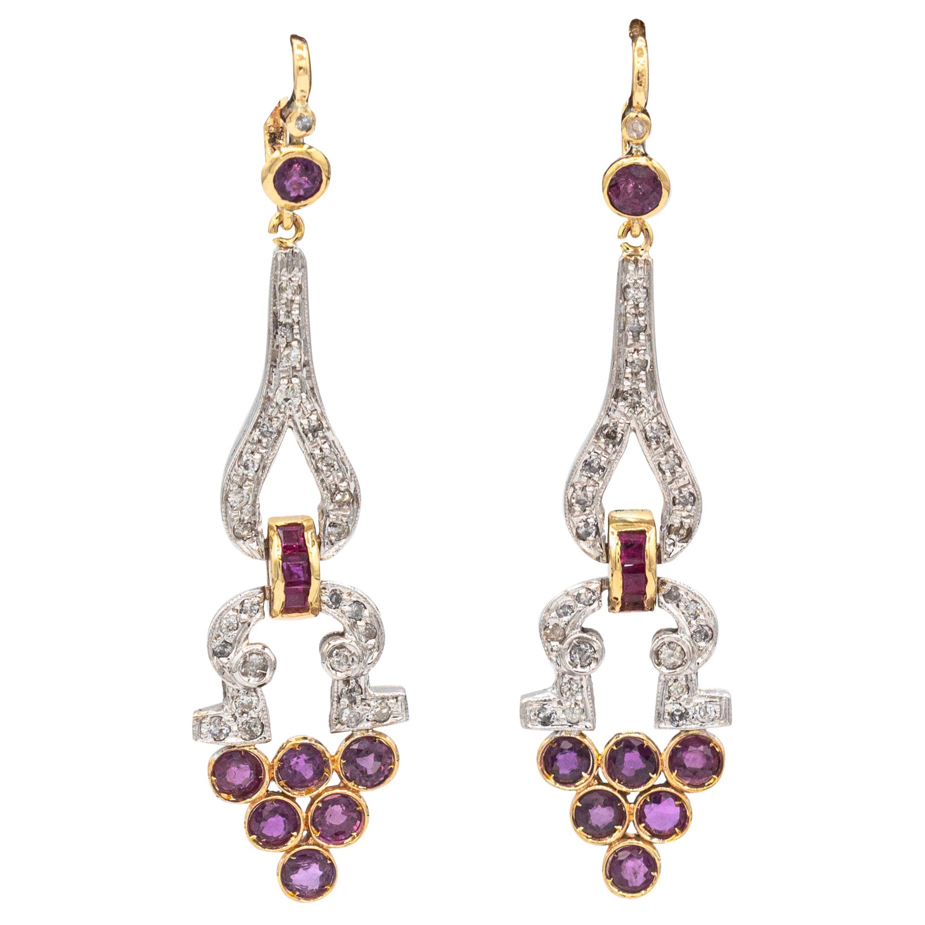 Art Deco Style White Round Cut Diamond Ruby Yellow Gold Lever-Back Earrings For Sale