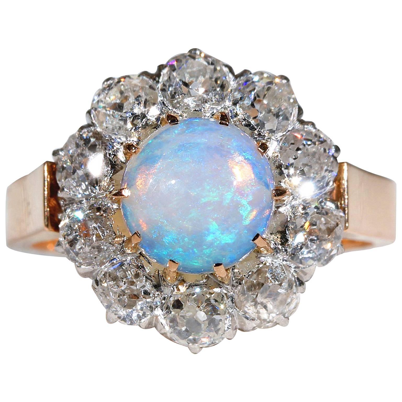 1900s French Opal Diamond Cluster Ring