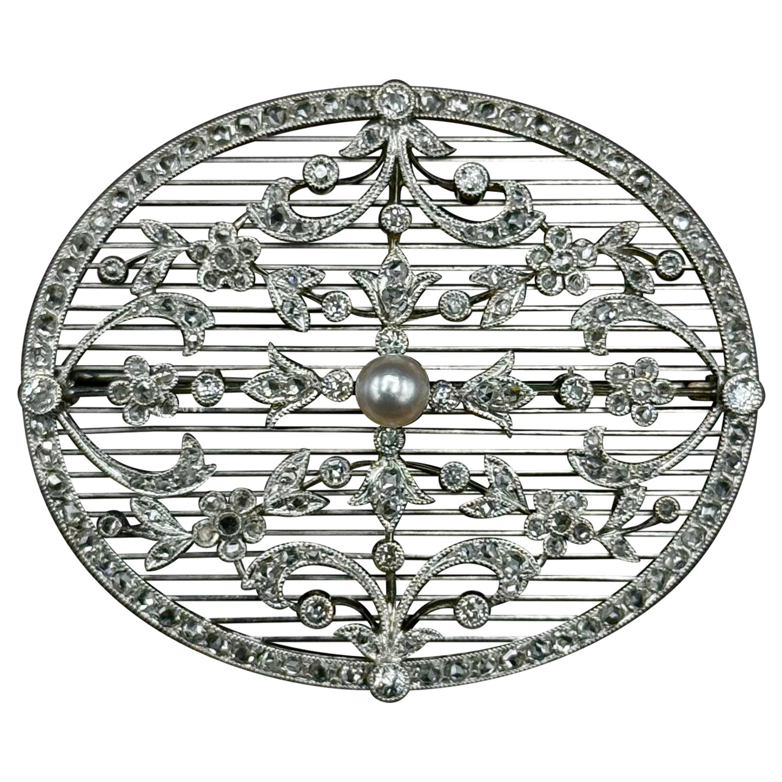 Antique Edwardian Pearl Diamond Openwork Oval Plaque Brooch Platinum 1900s 1910s