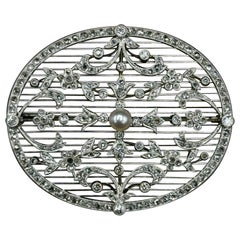 Antique Edwardian Pearl Diamond Openwork Oval Plaque Brooch Platinum 1900s 1910s