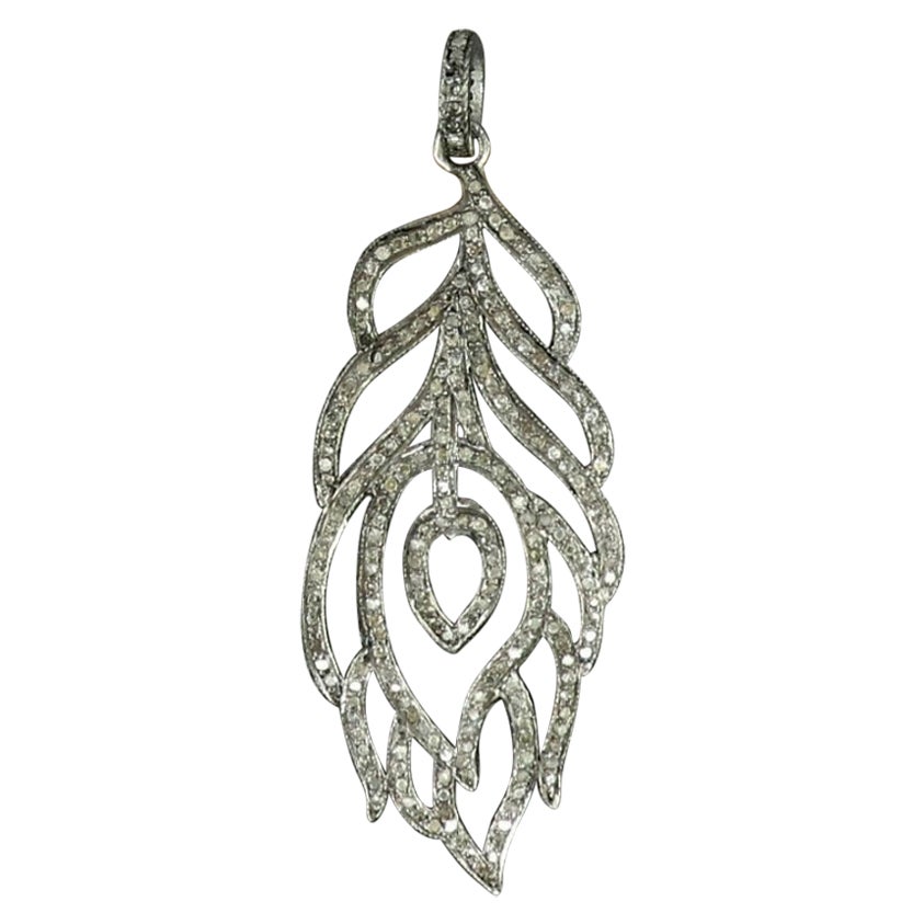 Pave Diamond Peacock Feather Pendant 925 Silver Diamond Necklace For Christmas. For Sale