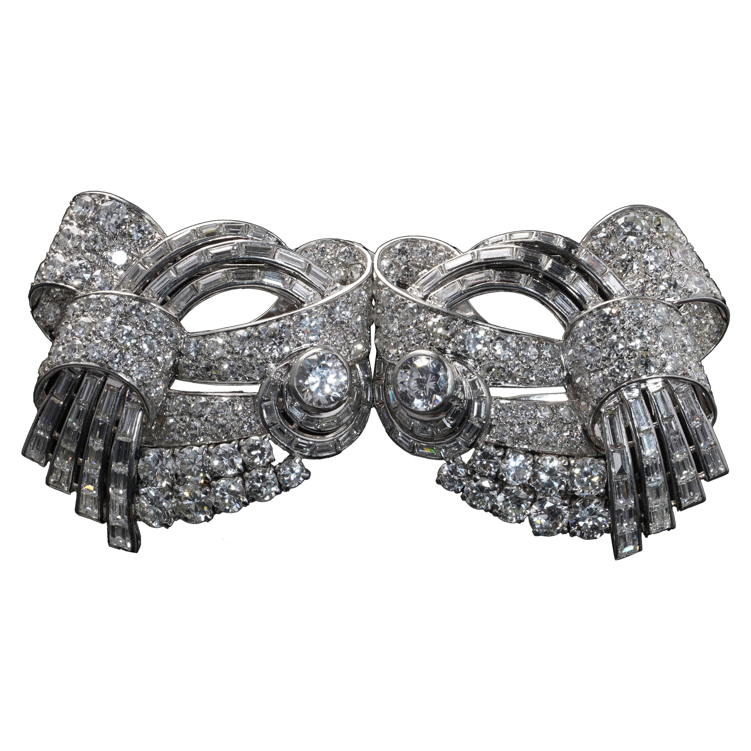 Art Deco Platinum and White Gold Double Clip 11.00 ct. Diamond Brooch