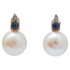 13 Mm Pearls, Sapphires, Diamonds, 14 Karat Rose Gold Earrings.