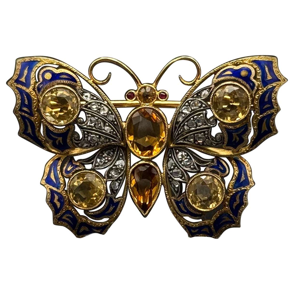 Retro Topaz Citrine Ruby Diamond Enamel Butterfly Brooch Gold Portuguese 1940s
