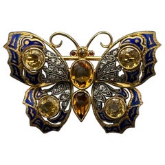 Retro Topaz Citrine Ruby Diamond Enamel Butterfly Brooch Gold Portuguese 1940s