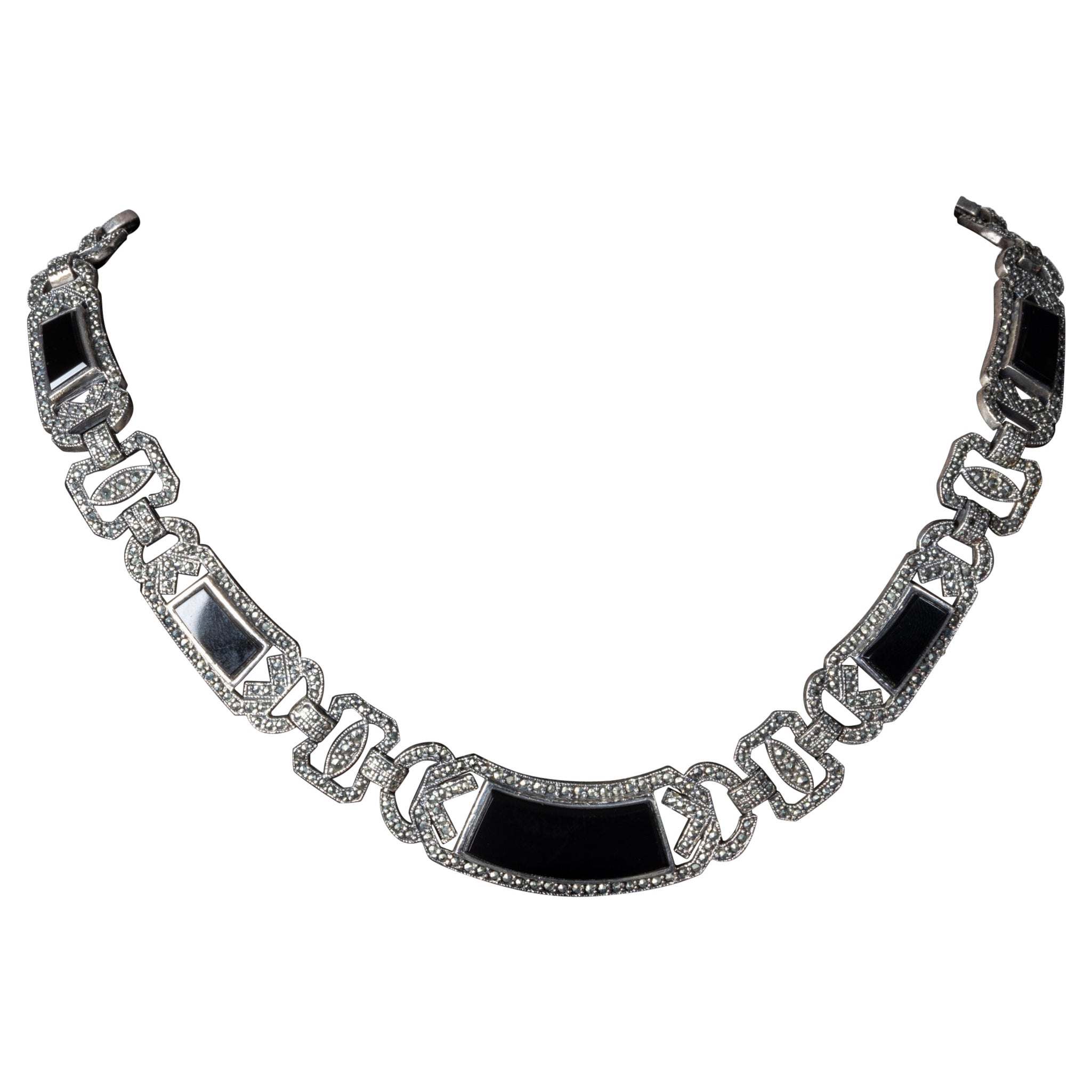 Art Deco Marcasite and Onyx Sterling Silver Necklace